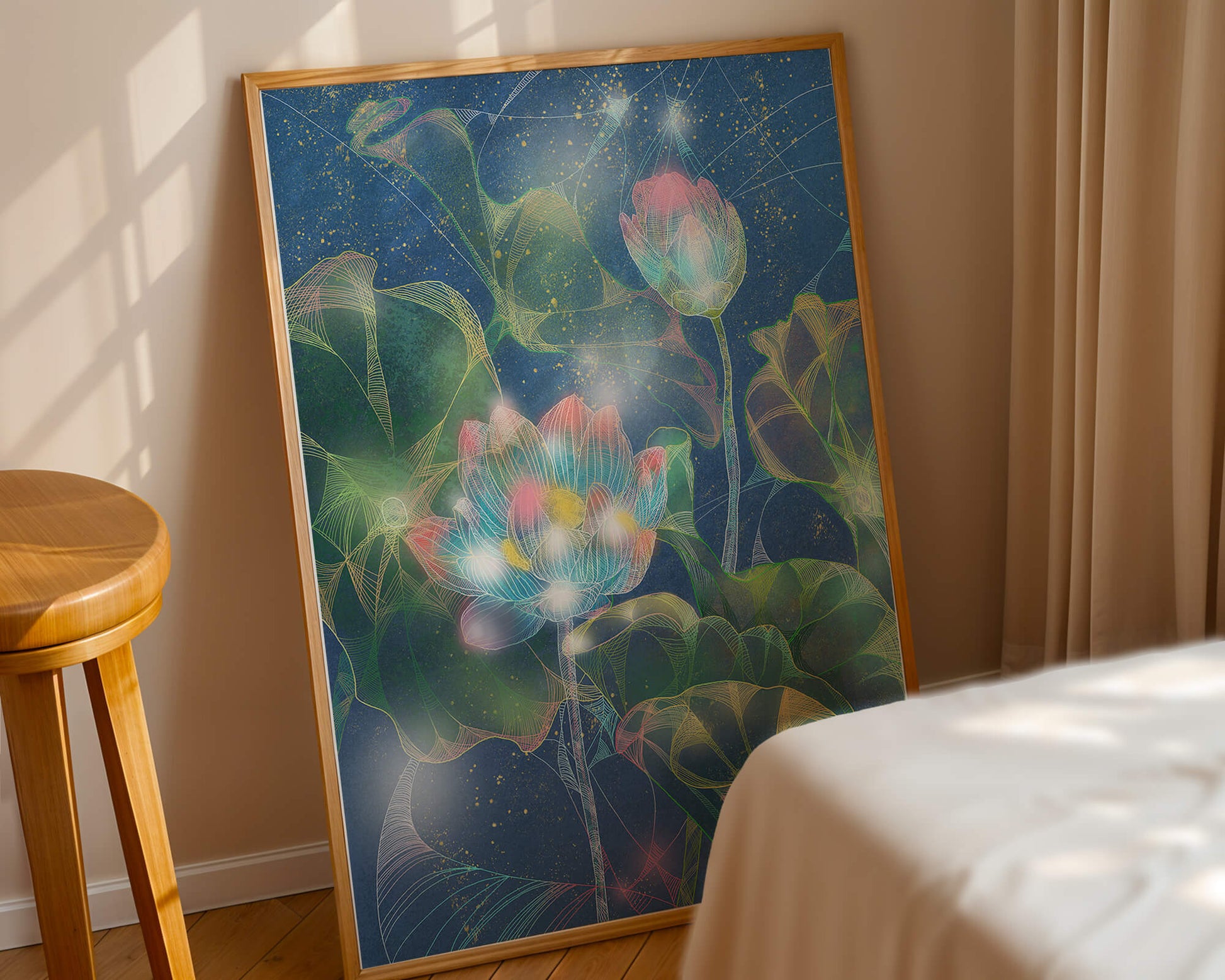 Bunte Lotusblumen mit abstraktem kosmischen Hintergrund