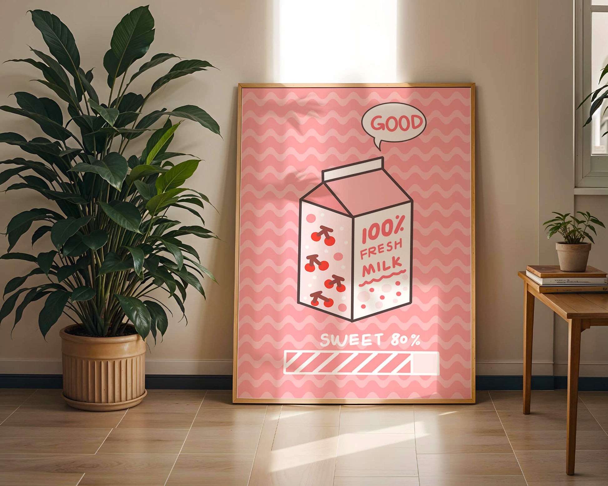 Playful illustration of milk carton with cherry design on pink background