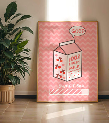 Playful illustration of milk carton with cherry design on pink background