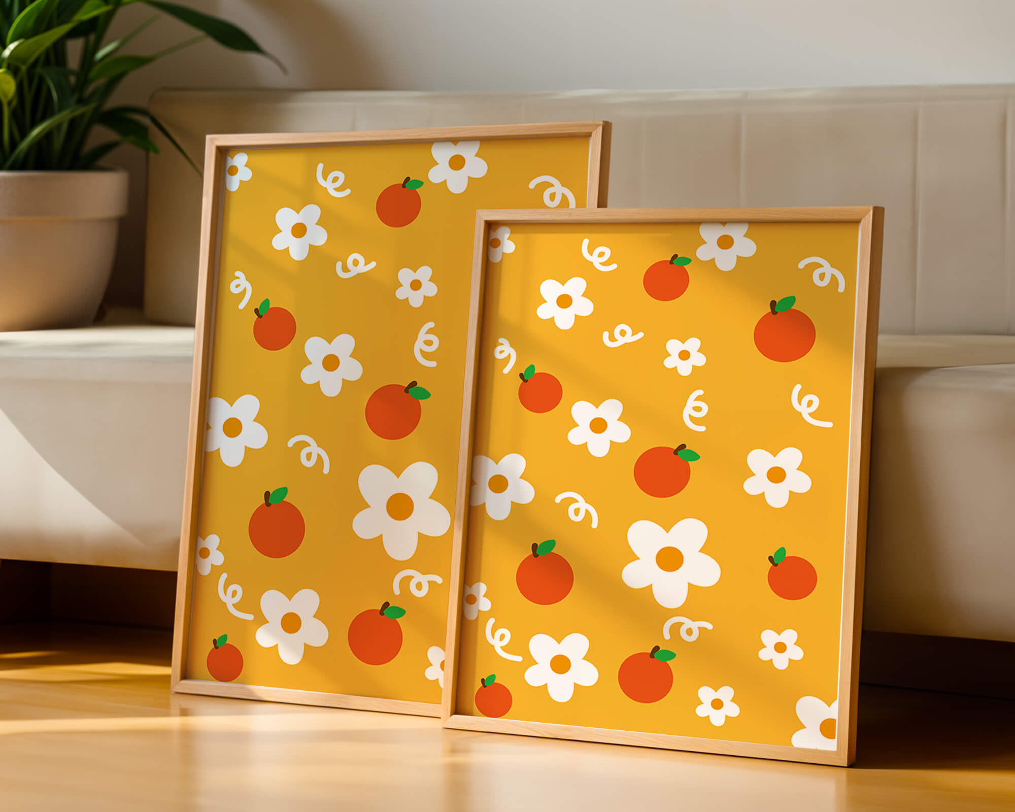 Playful floral and fruity pattern on a vibrant yellow background