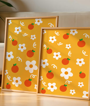 Playful floral and fruity pattern on a vibrant yellow background