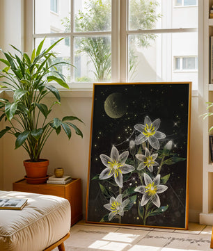 Floral Night Scene with Luminous Flowers and Golden Moon