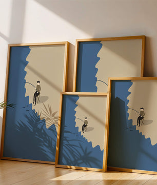 Minimalistic illustration of a person fishing by the sea