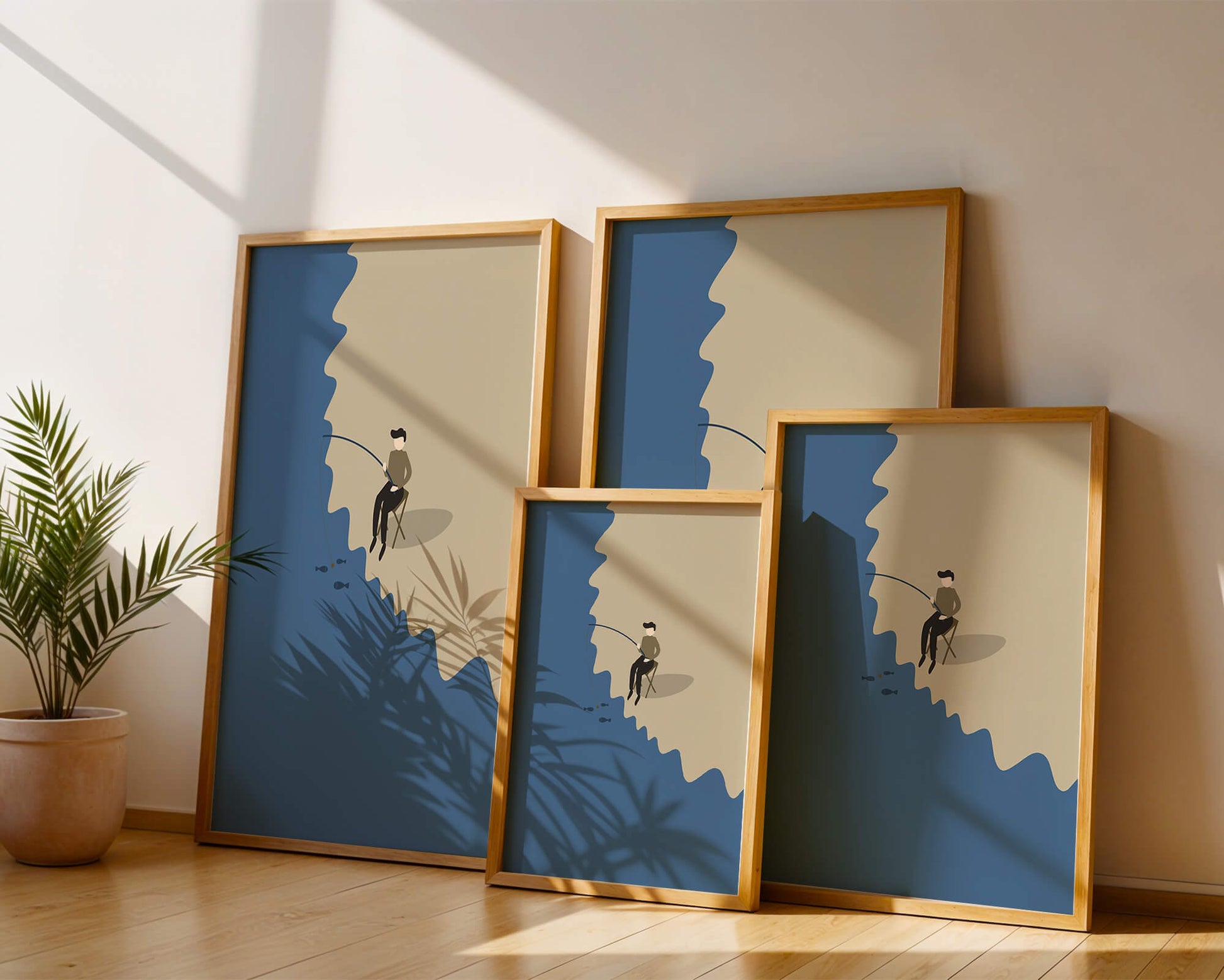 Ilustración minimalista de una persona pescando por el mar