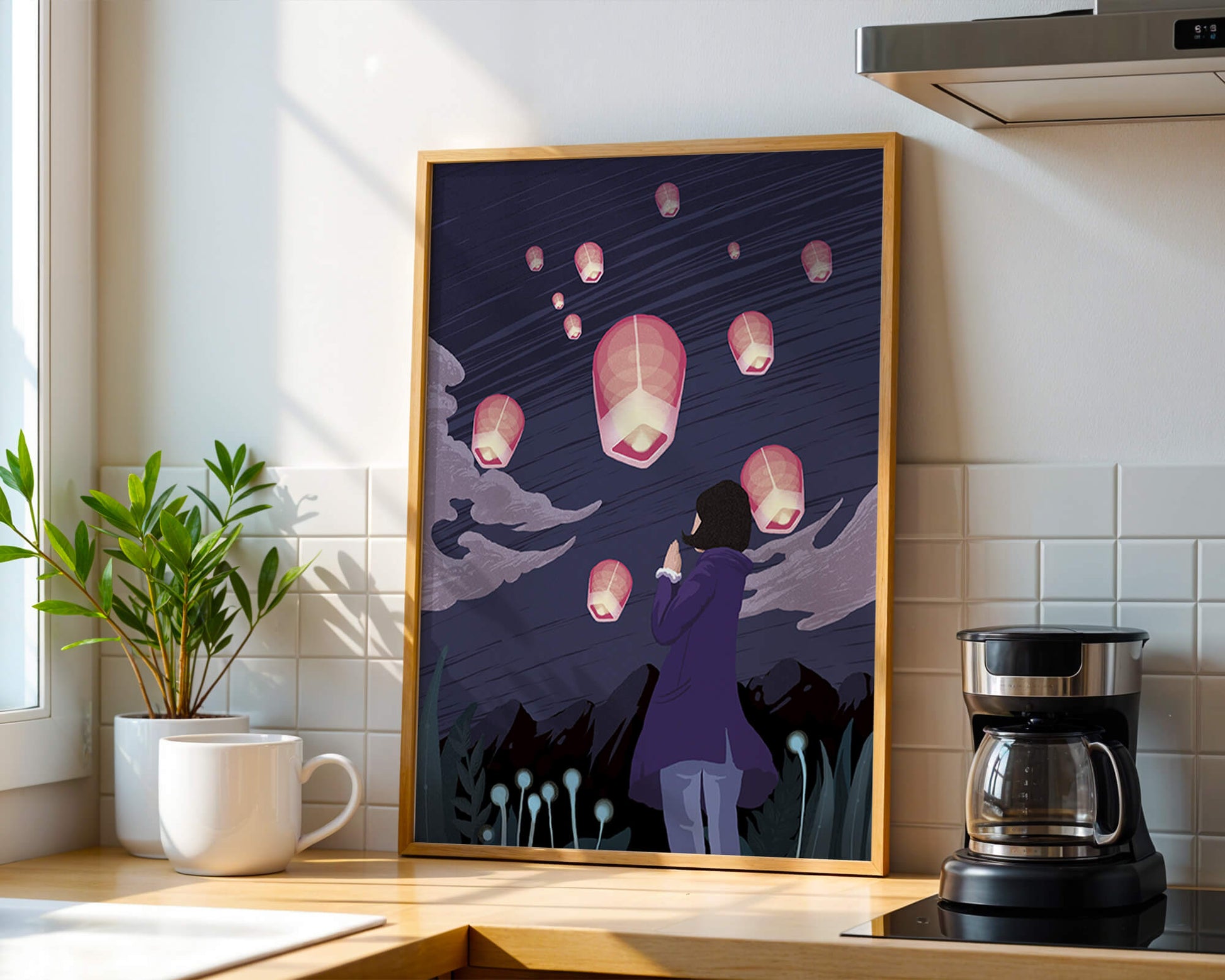 Girl Watching Pink Lanterns Soaring into the Night Sky