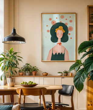 Whimsical Portrait of a Woman with Green Hair and Abstract Circles - Mi tienda