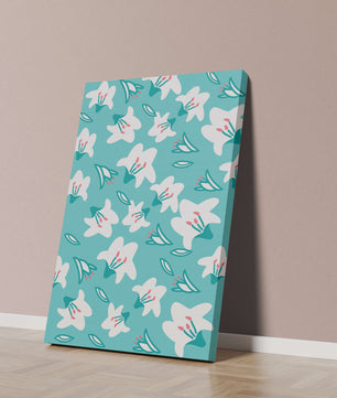 Motif floral avec des lys blancs sur un fond turquoise