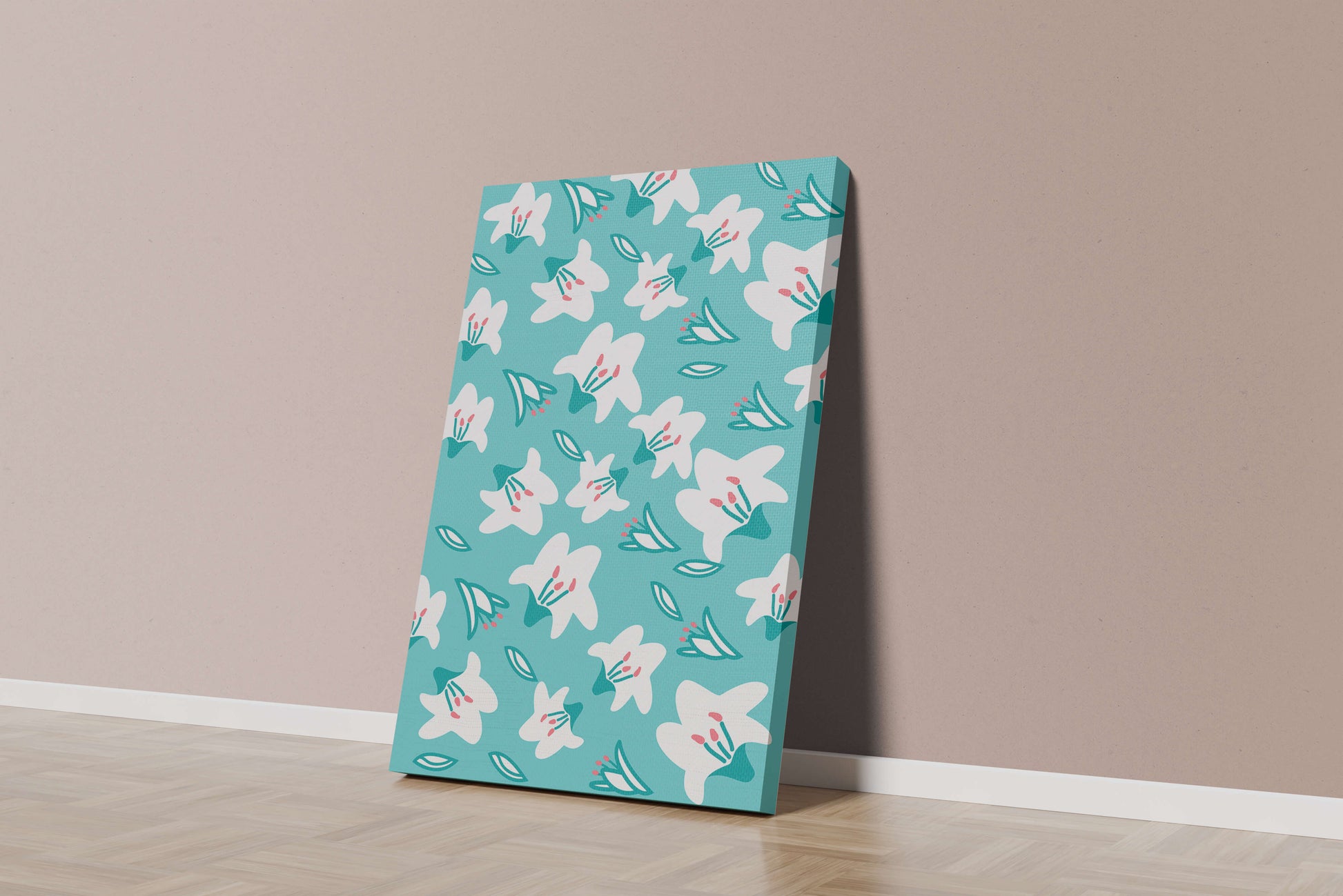 Floral pattern with white lilies on a turquoise background