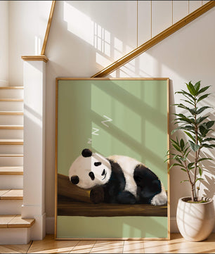 Peaceful panda resting on a log in a serene setting