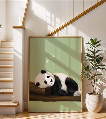 Peaceful panda resting on a log in a serene setting