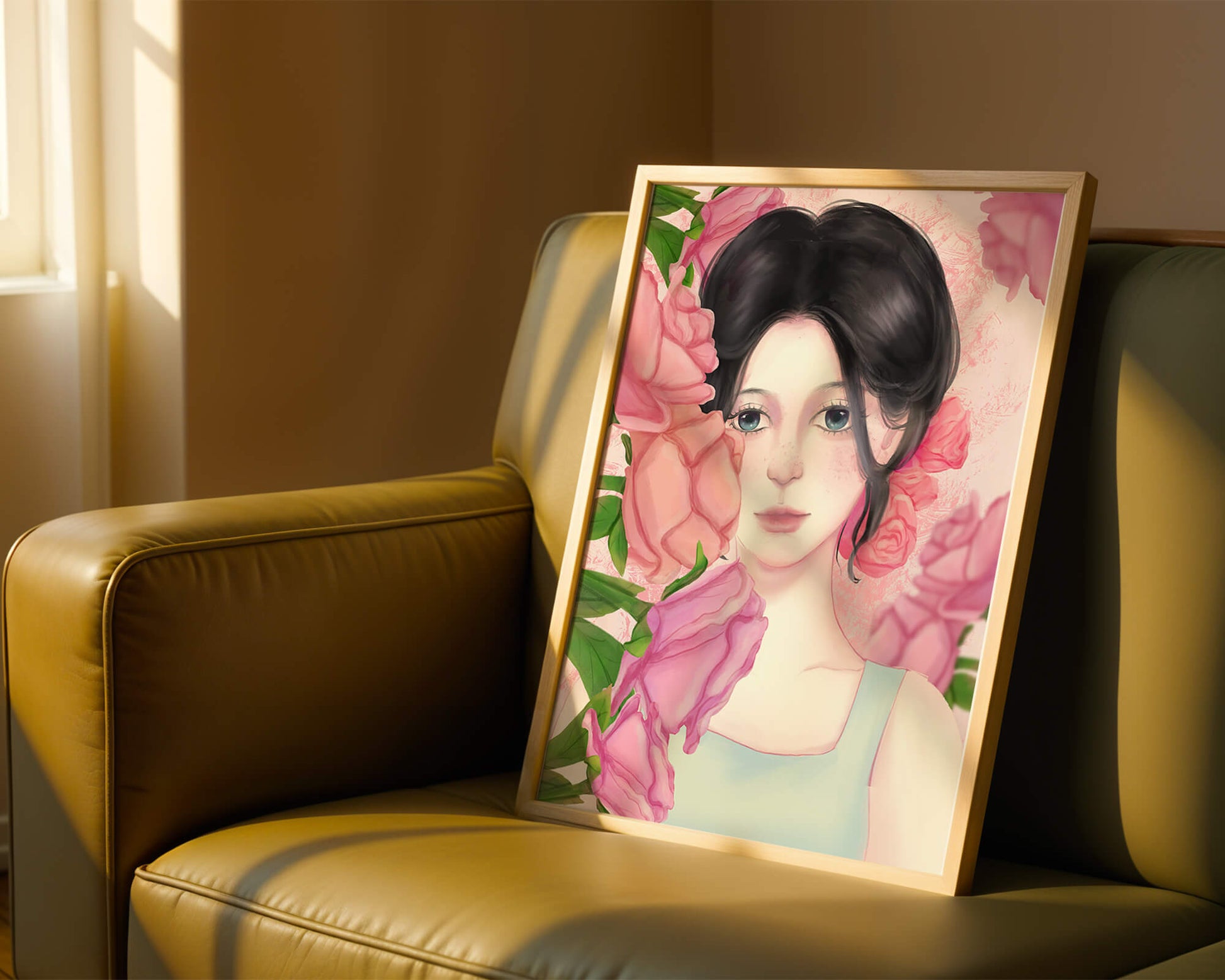 Illustration of a woman surrounded by pink roses