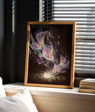 Colorful Koi Fish in a Dreamlike Underwater Scene with Illuminated Elements