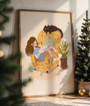 Cozy Reading Corner with Relaxed Girl and Cat
