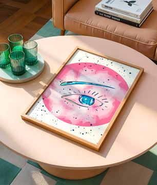 Abstract Eye Illustration with Pink Background and Blue Accents - Mi tienda