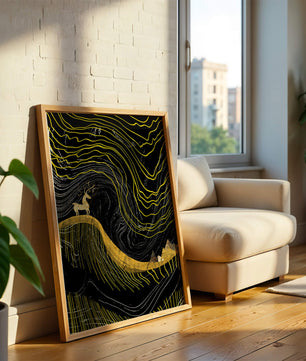 Ciervo dorado y paisaje montañoso abstracto con líneas onduladas