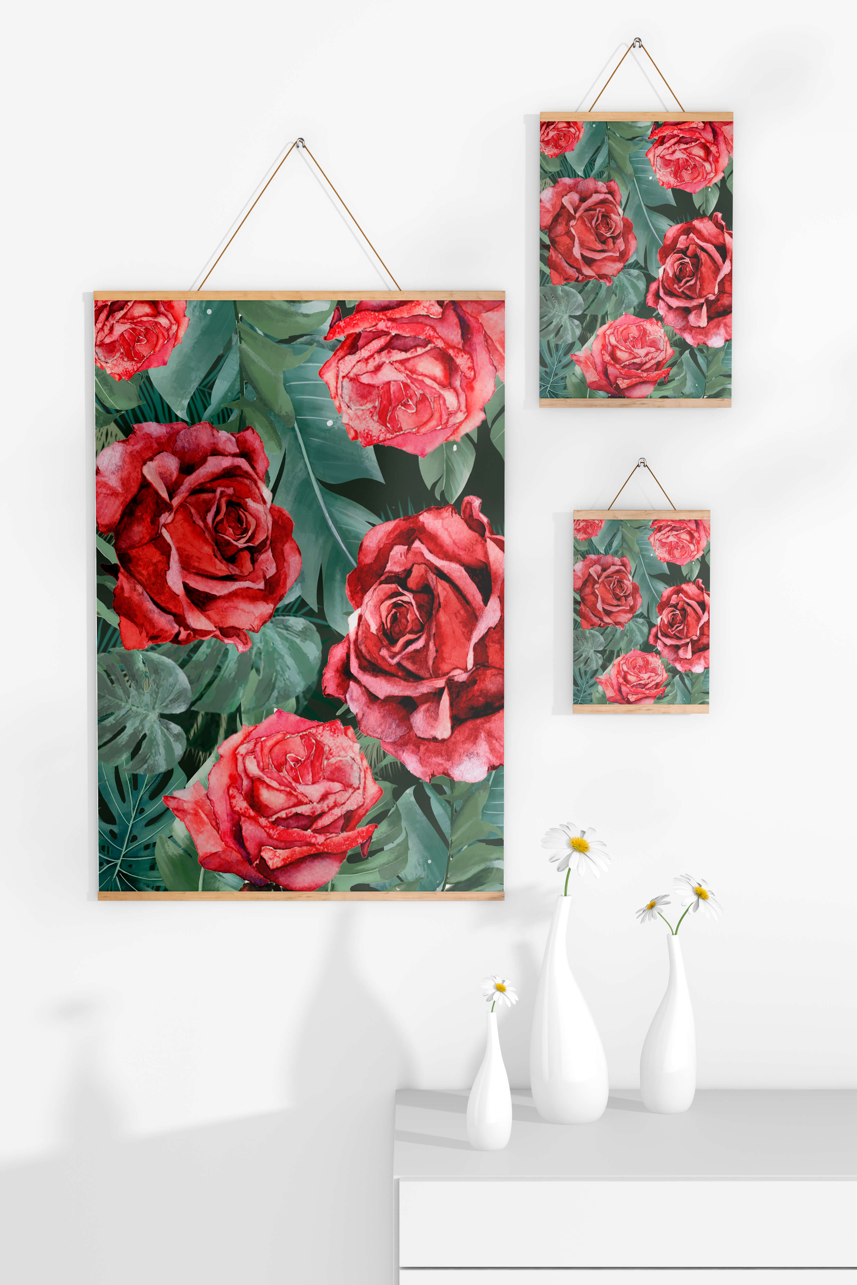 Red roses and green foliage pattern in watercolor style