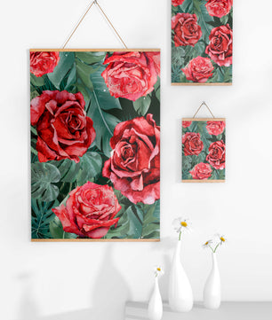 Red roses and green foliage pattern in watercolor style
