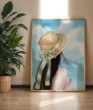 Woman with straw hat and mountain view under blue sky