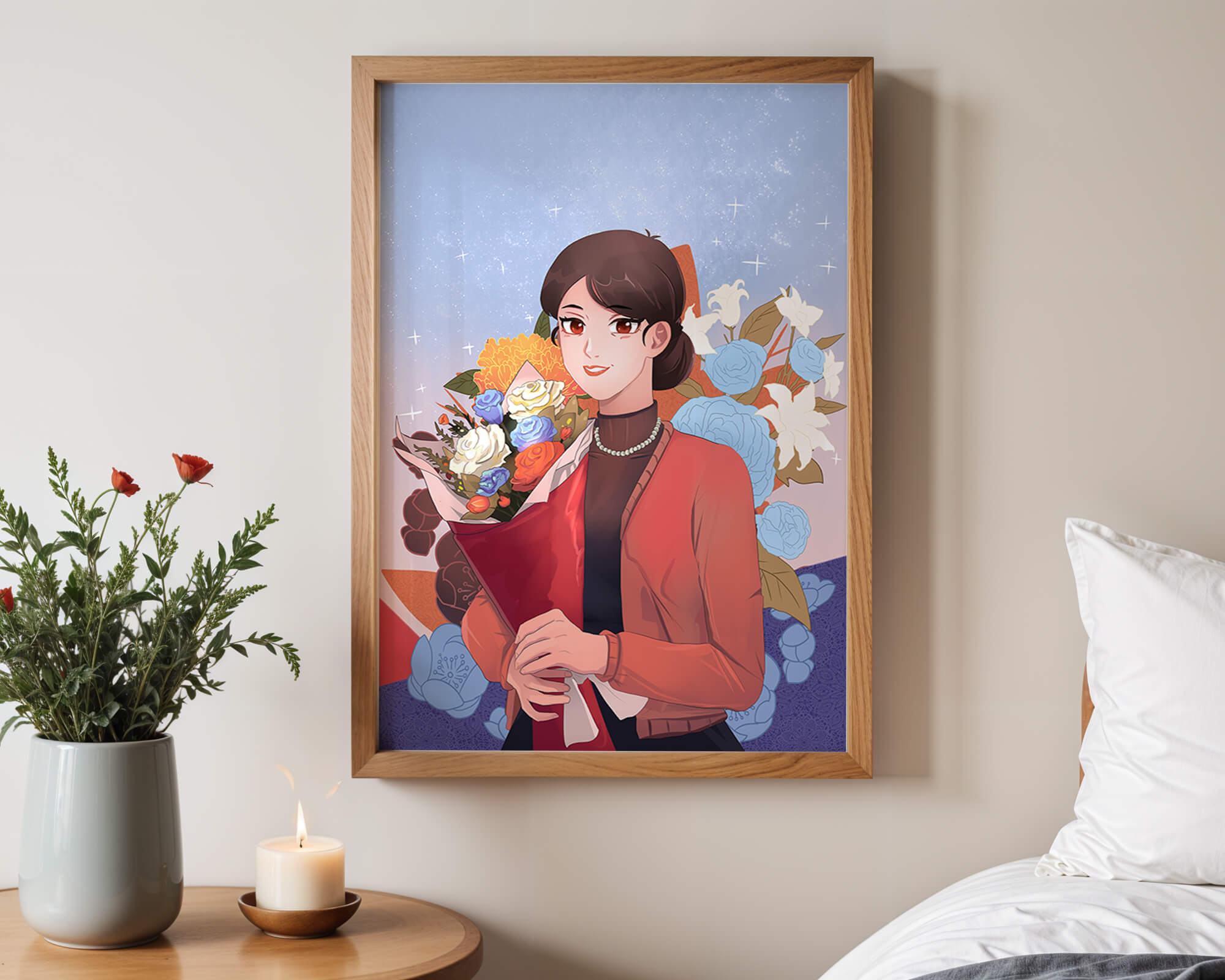 Woman holding bouquet with floral background