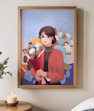 Mujer sosteniendo ramo con fondo floral