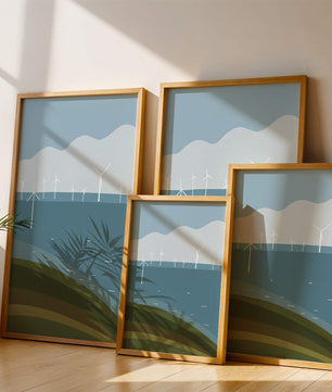 Wind Turbines on Rolling Hills Against a Clear Blue Sky