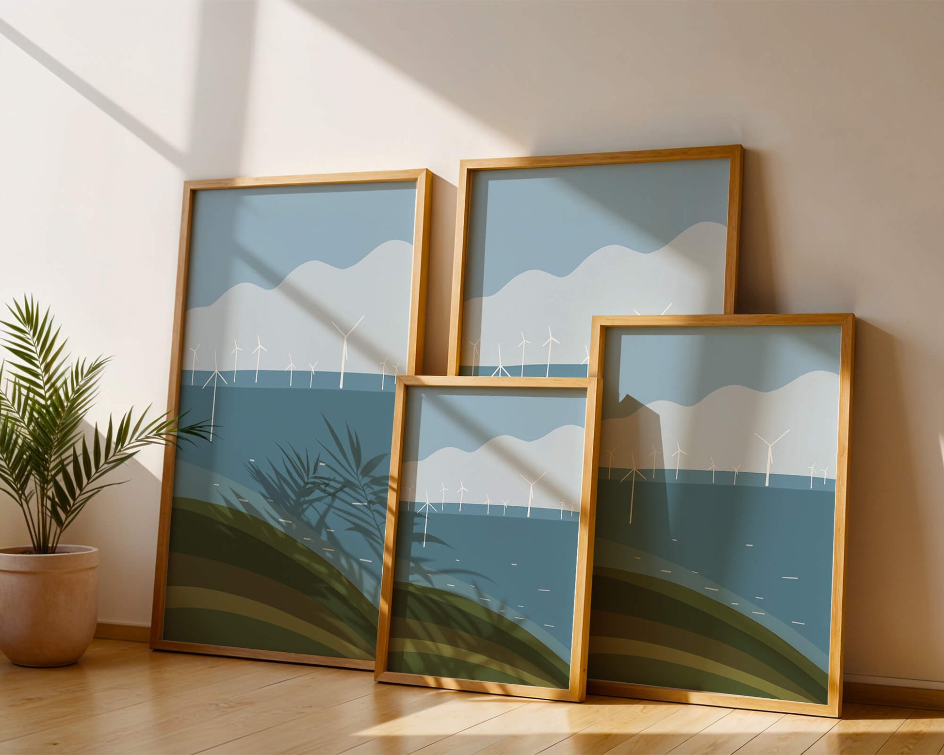 Wind Turbines on Rolling Hills Against a Clear Blue Sky