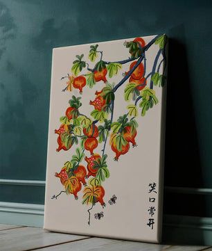 Artistic illustration of vibrant pomegranates on a branch with Asian aesthetic