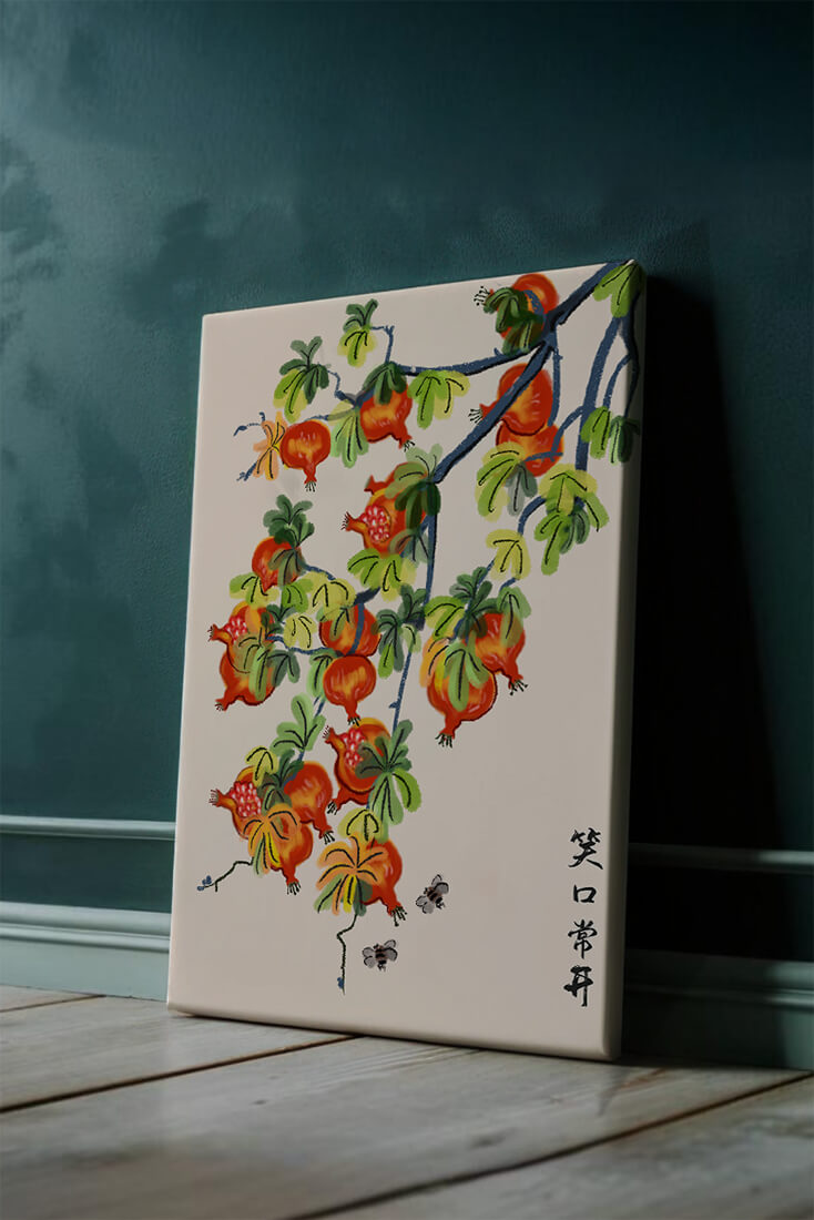 Artistic illustration of vibrant pomegranates on a branch with Asian aesthetic