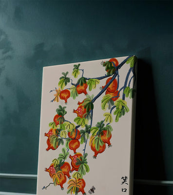 Artistic illustration of vibrant pomegranates on a branch with Asian aesthetic