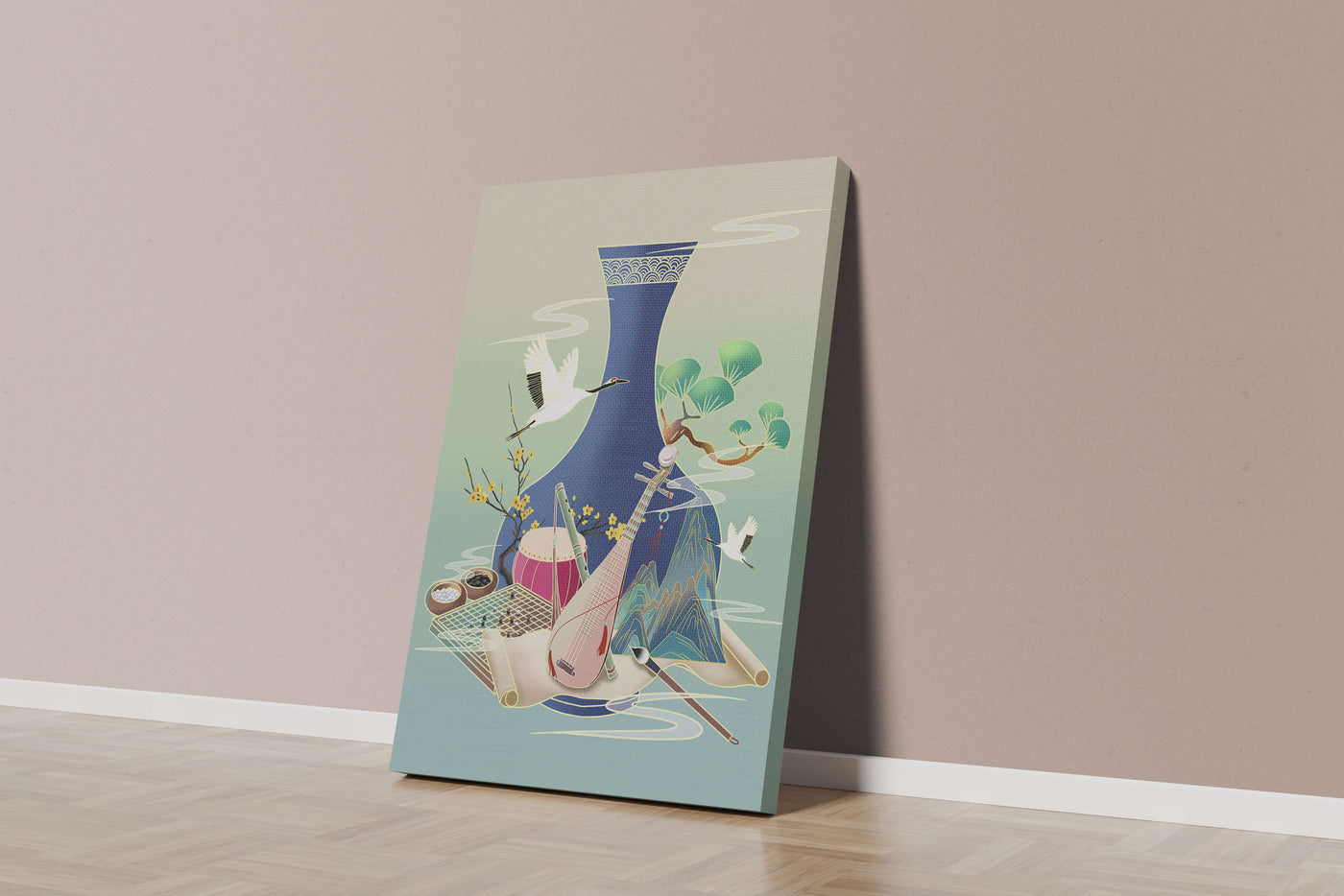 Traditional Asian art scene featuring vase, musical instruments, and cranes