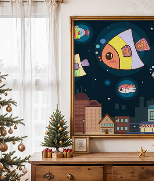 Poisson de dessin animé flottant au-dessus d'une ville nocturne avec des étoiles