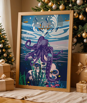 Colorful underwater scene with octopus and fishing boat above