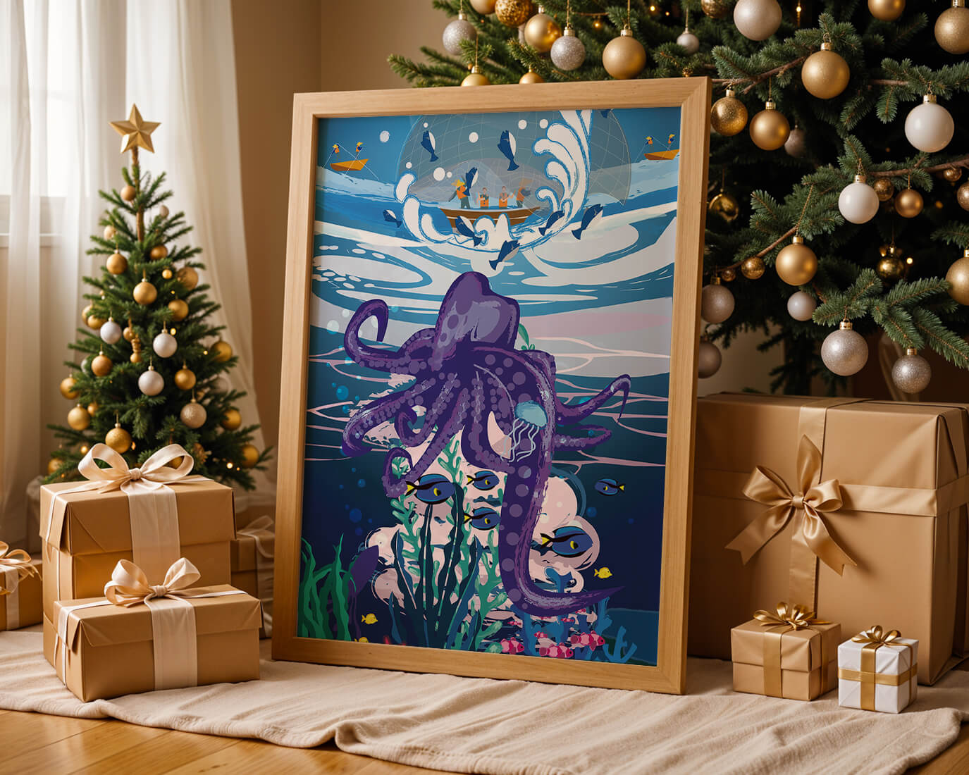 Colorful underwater scene with octopus and fishing boat above