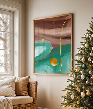 Composición abstracta con elementos dorados sobre fondo turquesa y marrón