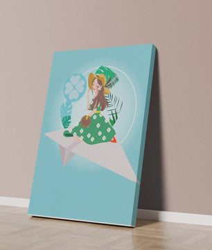 Mujer en un avión de papel con fondo de tema tropical