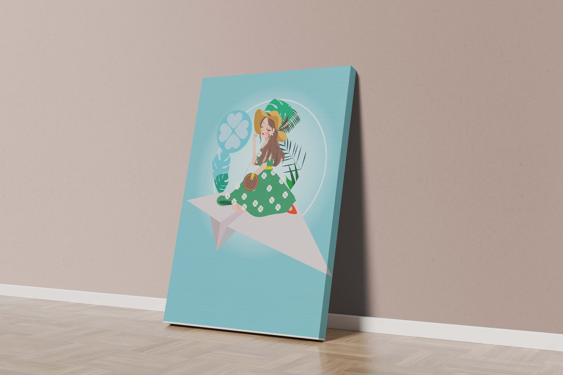 Woman on paper plane with tropical theme background