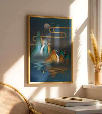 Abstract landscape with golden deer and layered mountains in serene night scene
