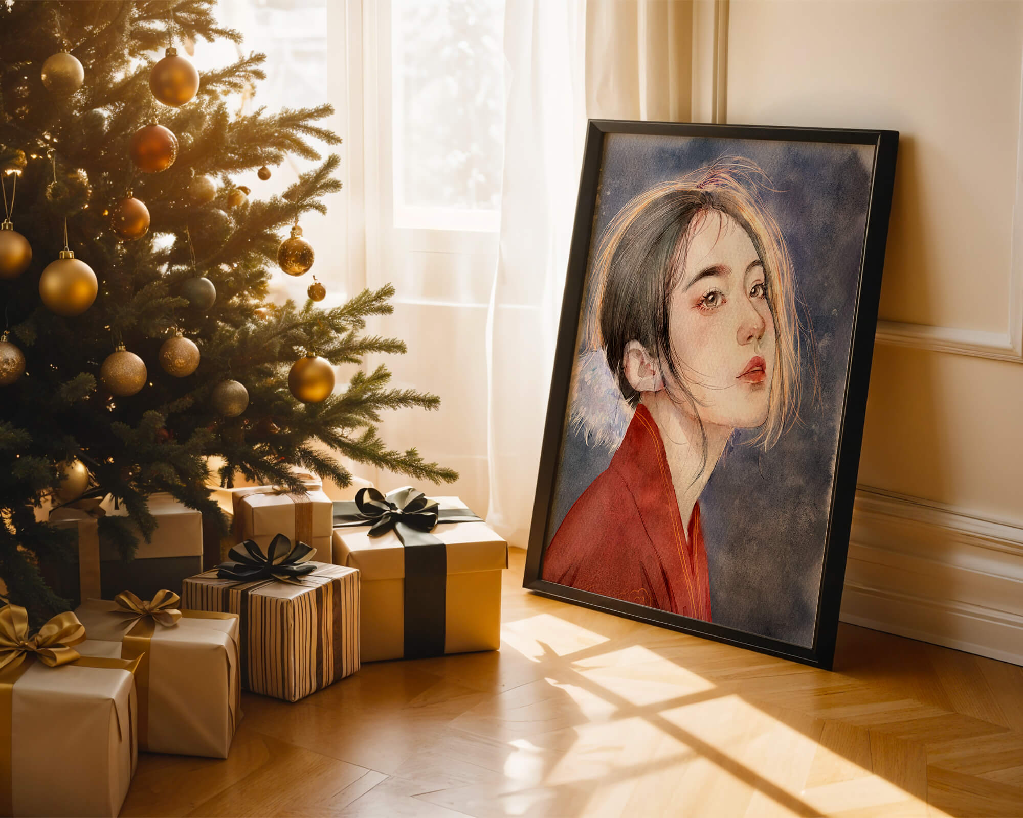 Watercolor portrait of a woman in a red garment with expressive features