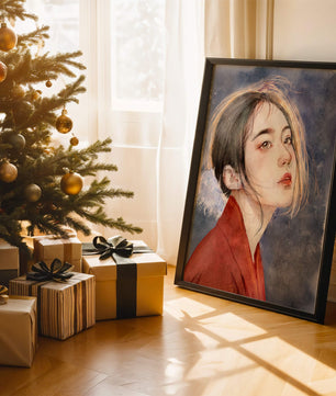 Watercolor portrait of a woman in a red garment with expressive features