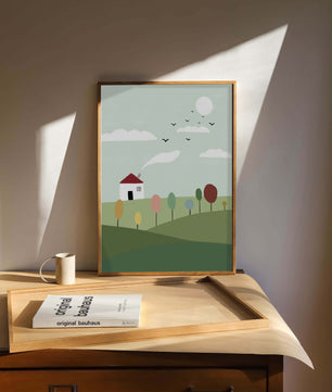 Minimalist Landscape with Colorful Trees and House