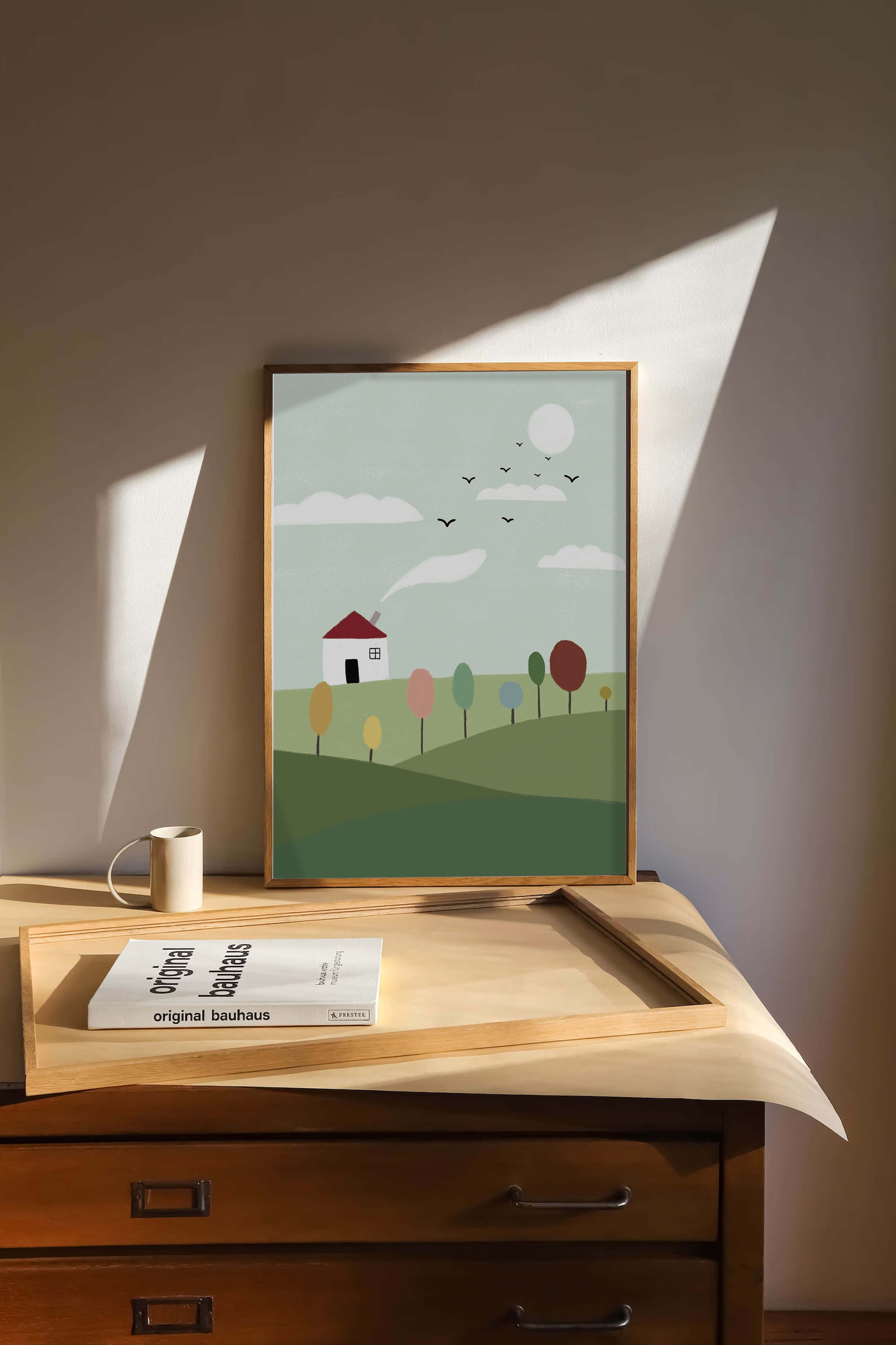 Minimalist Landscape with Colorful Trees and House