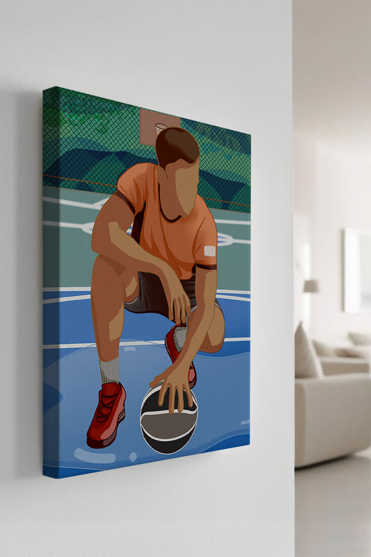 Illustration of a basketball player on a court in a dynamic pose