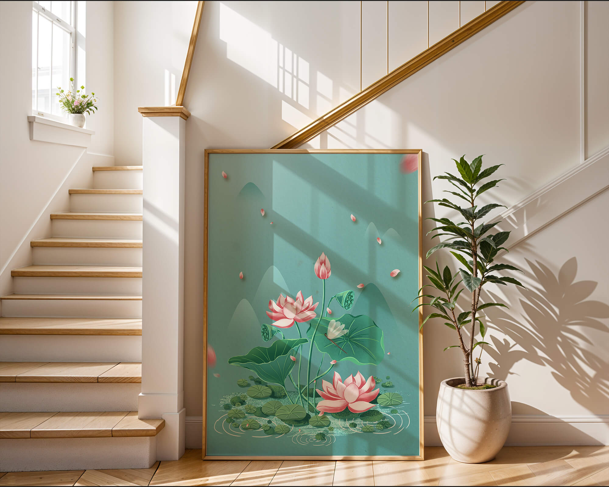 Serene illustration of lotus flowers in a tranquil pond setting with mountains