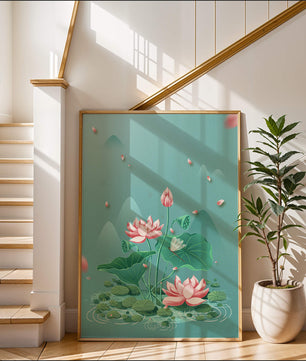 Illustration sereine de fleurs de lotus dans un étang paisible avec des montagnes