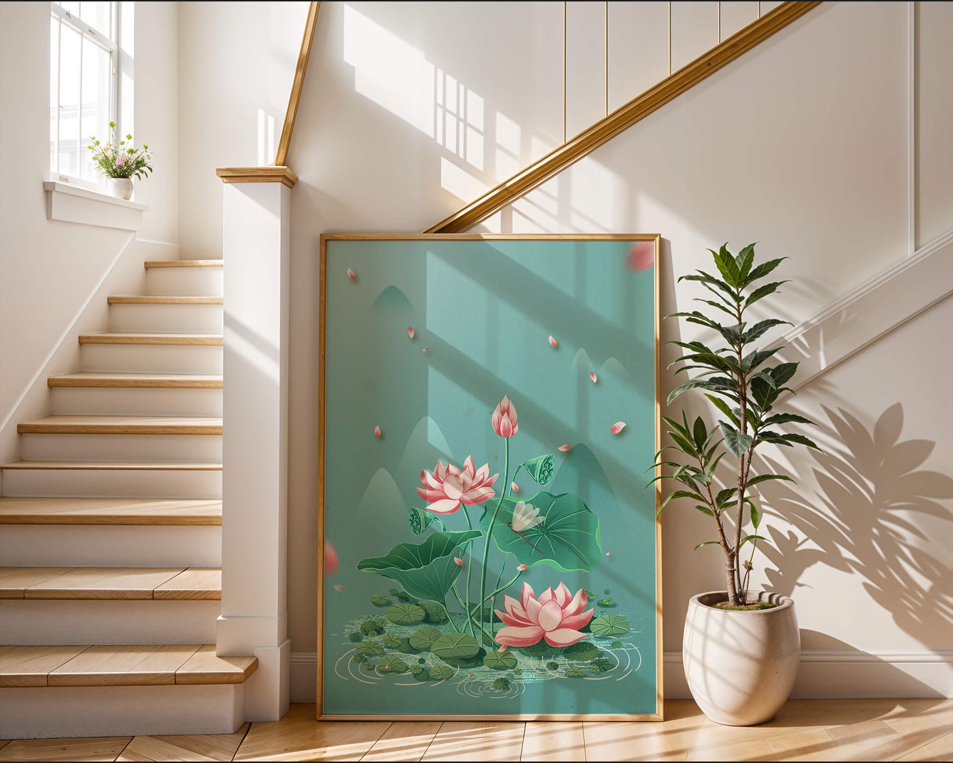 Serene illustration of lotus flowers in a tranquil pond setting with mountains