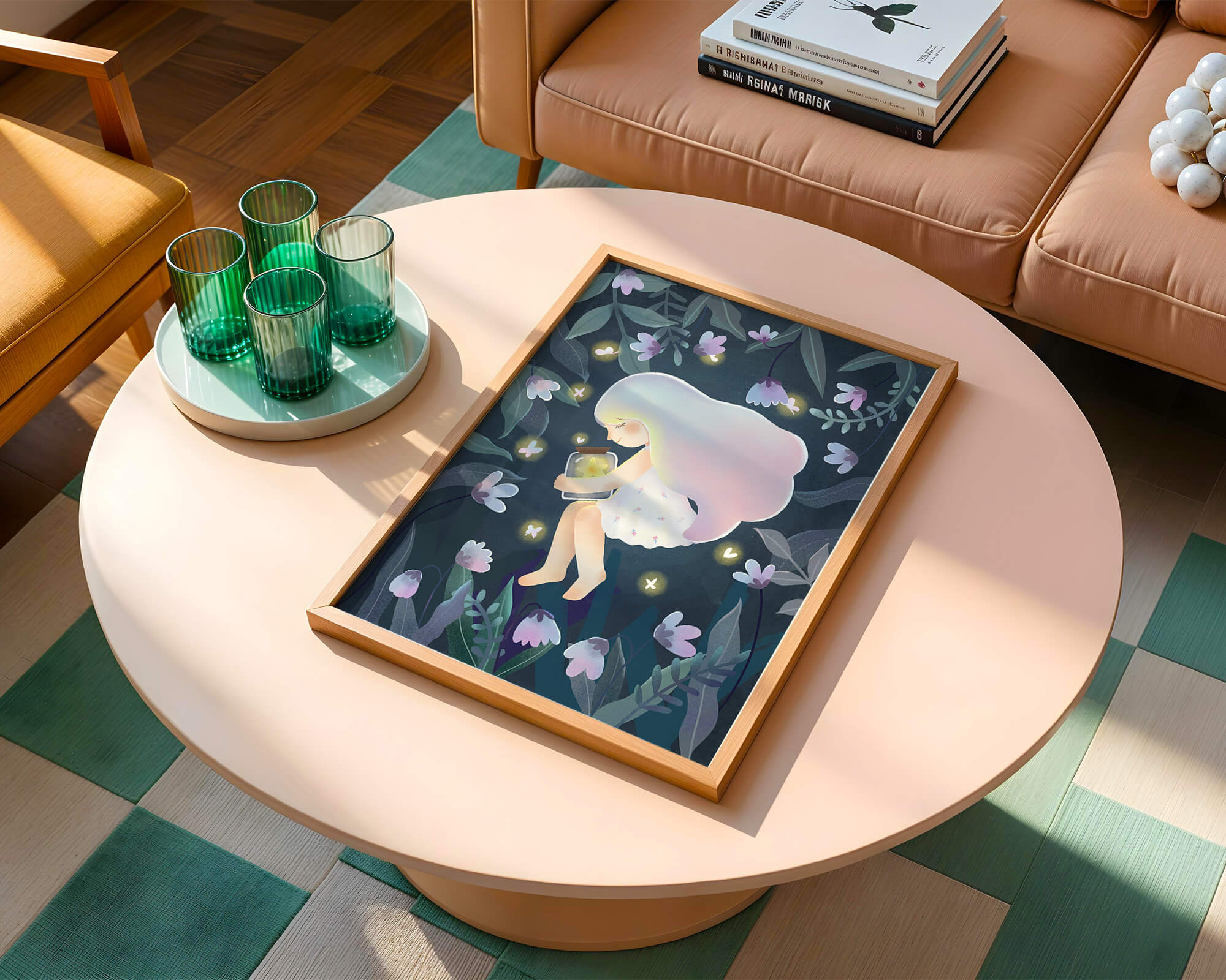 Illustration of a girl with glowing jar in moonlit garden