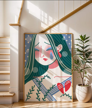 Ilustración de una mujer triste con el corazón roto