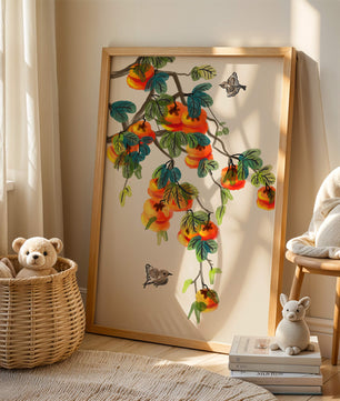 Branch with vibrant persimmons and birds illustration