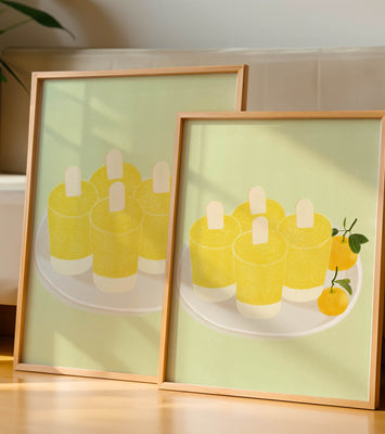 Illustration of yellow popsicles and oranges on a plate