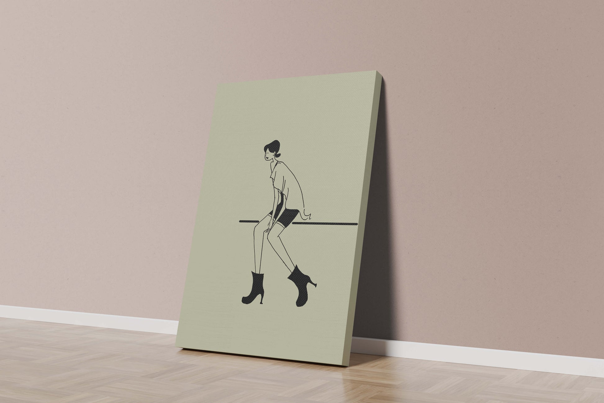 Schicke minimalistische Illustration einer sitzenden Frau in stylischen Stiefeln